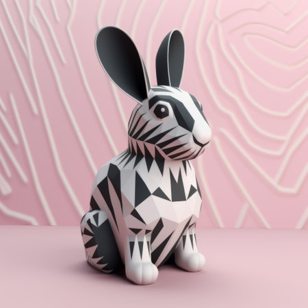 miniature zebra rabbit figurine in bold lines and geometric shapes, rendered in cinema4d with dark white and dark gray colors. the figurine is placed on a pink background with patterned surfaces. the style is inspired by wojciech siudmak's painted illustrations and enhanced with vray tracing. ai generatedの素材