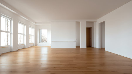 empty white room with wood floor and windows, showcasing the simplicity and monochromatic color palettes of the arts and crafts movement. the hard edge painter's influence is evident in the clean lines and minimalistic design. this stunning 8k image captures the beauty of living materials and the soft glow of natural light through the windows, creating a captivating visual experience. ai generatedの素材
