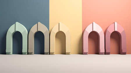 the entrance of a modern building in several colors, including brick, showcases the playful streamlined forms of pastel gothic architecture. the arched doorways and miniature dioramas add a touch of whimsy to the design. with a matte background and orientalist influences, this photo captures the essence of the style. minimal retouching ensures an authentic representation. ai generatedの素材