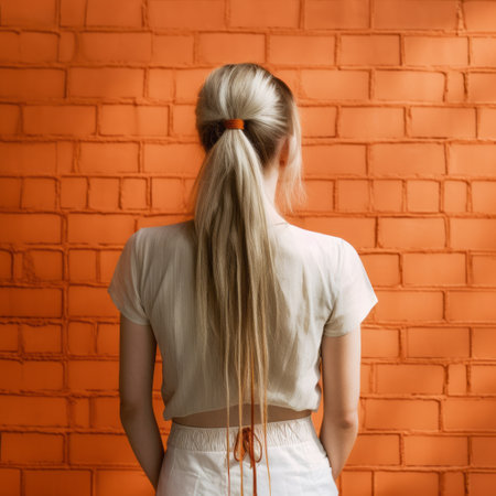 teenage girl with braided hair and orange sweater stands confidently in front of a vibrant orange background. the minimalist style of the background enhances the focus on the girl, who exudes urban minimalism. the combination of light beige and white, along with body extensions, creates a visually striking contrast against the dark white and dark orange tones. the overall effect is an electrifying burst ofの素材