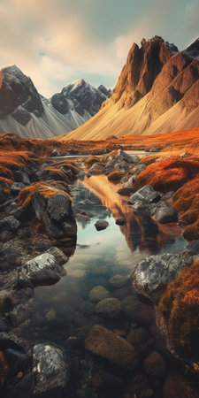 the river in the mountains is captured in a stunning array of scenic shots, reminiscent of the styles of tomasz alen kopera, filip hodas, danish golden age, and scarlett hooft graafland. the dark beige and orange hues blend with saturated pigment pools and colorful textures, creating a mesmerizing visual experience. ai generatedの素材