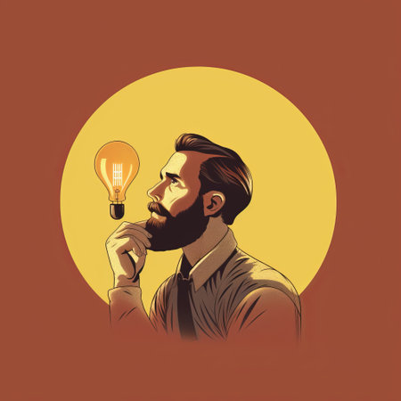 a man holding a thought light bulb in a vintage poster design style. the warm tones and smokey background add to the editorial illustrations vibe. this handsome digital illustration features simplified and stylized portraits. ai generatedの素材