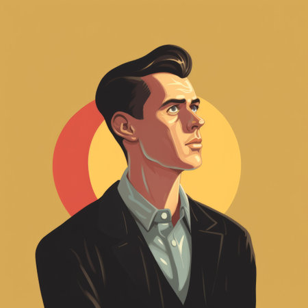 a man stands with his shoulders up, wearing a jacket in the style of mid-century illustration. the portrait is a speedpainting with a smooth and shiny finish, featuring a warm color palette. the artwork draws inspiration from the young british artists (ybas) movement and includes elements of celebrity portraits and the iconic cobra symbol. ai generatedの素材