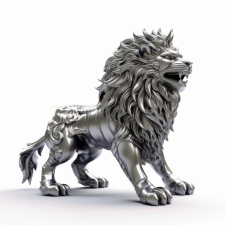 a 3d model of a metallic lion in silver, inspired by detailed character illustrations. this high dynamic range creation by stephen shortridge showcases charming characters with intricate and ornate designs. the muralistic style of this piece places a strong emphasis on character design. ai generatedの素材