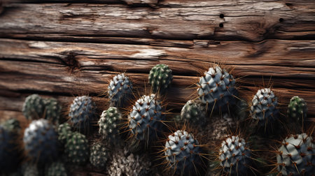a cluster of cactuses, with spiky mounds, growing against a wooden backdrop. this hyperrealistic photograph, reminiscent of the unreal engine 5 style, showcases the essence of nature. with its matte finish and high resolution, it captures the beauty of these plants in an arte povera-inspired composition. ai generatedの素材