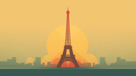an illustration showcasing the iconic eiffel tower and city scenes of paris, created in the distinctive style of emiliano ponzi. this digital artwork features captivating gradient blends, making it perfect for web-based art and 2d game designs. inspired by the architectural genius santiago calatrava, this romantic illustration also promotes environmental awareness. ai generatedの素材