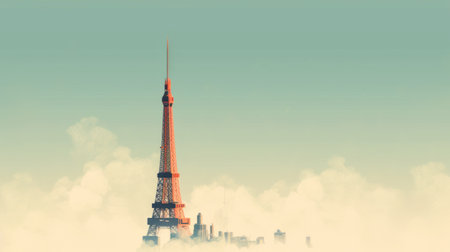 the eiffel tower stands tall against a cloudy sky in this retro futuristic photograph. inspired by hazy, japanese photography, the image captures the dreamy and romanticized essence of cityscapes. the realistic rendering is enhanced by cross processing, resulting in a light gray and red color palette. ai generatedの素材