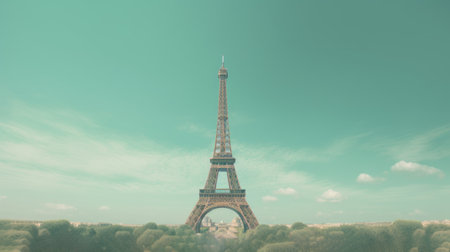 the eiffel tower in paris, captured by eiffel tower photography, showcases a realistic rendering of the iconic landmark. the photo, inspired by the whimsical folk style of beeple, features a light green and sky-blue color palette. isolated landscapes and dusty piles add a unique touch to this cinema4d rendered image. ai generatedの素材