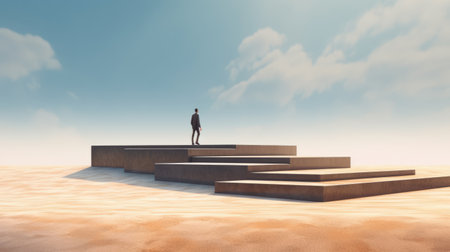 a person stands on steps, gazing at the sky, ready to embark on a desert journey. the scene is reminiscent of post-minimalist structures, with orderly arrangements and a color palette of light bronze and cyan. the image captures the essence of neo-concrete art, showcasing conceptual installations in stunning 8k resolution. ai generatedの素材
