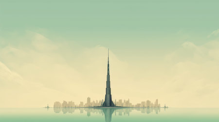 dubai city and burj khalifa dominate the skyline in this surrealistic artwork by emiliano ponzi. with muted tones and a touch of aquamarine, the post-apocalyptic world is depicted through forced perspective drawings. the isolated landscape reflects a sense of desolation, creating a captivating and thought-provoking image. ai generatedの素材