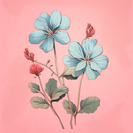 watercolor floral drawing featuring blue flowers and red leaves on a vibrant pink background. this artwork is inspired by historical illustrations, showcasing a realistic use of light and color. the composition incorporates elements of chinese iconography, while the monochromatic color scheme adds depth and visual interest. captured with the tamron sp 70-200mm f/2.8 di vc usd g2 lens, this colorful cartoon-like piece is a delightfulの素材
