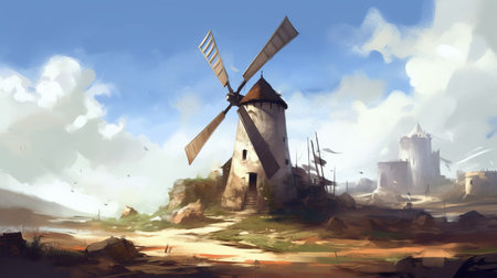 windmill hd desktop wallpapers featuring graphic novel inspired illustrations with impressionist landscapes. these unique wallpapers showcase expressive brushwork and incorporate elements of pigeoncore, sandalpunk, speedpainting, and transavanguardia. transform your desktop into a visually stunning and artistic experience with these captivating windmill wallpapers. ai generatedの素材