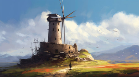 an illustration of a windmill on top of a hill, surrounded by beautiful clouds. this artwork, created in the style of ismail inceoglu, showcases a medieval aesthetic with heavy use of palette knives. the uhd image captures the essence of plein-air realism, reminiscent of the barbizon school. the artist, fenghua zhong, skillfully combines these elements to create a captivating and atmospheric scene. ai generatedの素材