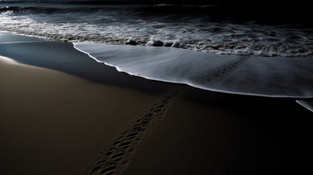 ocean shore and track lines captured by f r shamani. this dark and moody landscape photograph showcases intense lighting and shadow, highlighting the luminosity of the water. shot with a carl zeiss distagon t 15mm f/2.8 ze lens, the detailed naturalism of this high-quality photo is beautifully displayed on unprimed canvas. ai generatedの素材