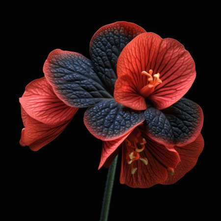 two red and black flowers, reminiscent of the shang dynasty, stand out against a black background in this national geographic photo. the photorealistic details bring the flowers to life, showcasing their vibrant colors. with a touch of colorization, the image accurately and intricately captures the essence of the eastern zhou dynasty. ai generatedの素材