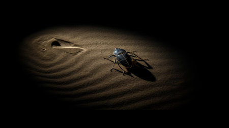 a dune bug perches on the sandy surface, illuminated with realistic chiaroscuro lighting. this national geographic photo by sandara tang captures the bug in a dynamic and expressive pose. the dark indigo and dark bronze tones add depth to the matte photo, resulting in a stunning uhd image. ai generatedの素材