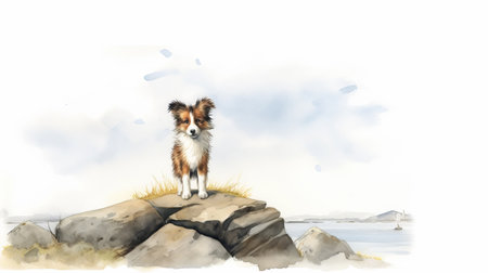 shetland pooches, a watercolour painting by lulia johnston, showcases calm seas and skies with playful character design. this 8k resolution artwork features naturalistic landscape backgrounds, spiky mounds, and a color palette of white and amber. it is a contest-winning piece that captures the charm and beauty of shetland dogs. ai generatedの素材