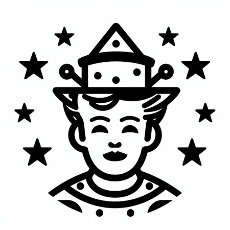 astonished young man surrounded by stars in a flat line illustration, reminiscent of the iconic style of leonetto cappiello. the design incorporates classic tattoo motifs, elements inspired by jim woodring's art, and influences from the qing dynasty. the bold stencil technique adds a unique touch to this hand-drawn animation, available under the creative commons attribution license. ai generatedの素材