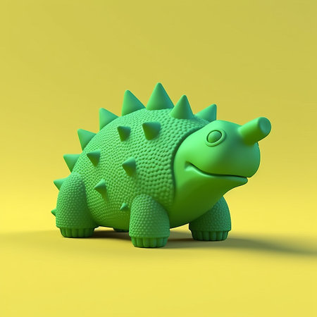 the crocosaurus, a 3d printed toy sculpture, is showcased on a vibrant yellow background. the composition is reminiscent of a cartoon style, with dark green and light cyan accents. the spiky mounds add an interesting texture, while the solarization effect enhances the overall visual appeal. this adorable toy sculpture is brought to life with the help of vray tracing technology. ai generatedの素材