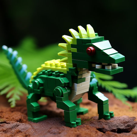 lego dinosaur in fern ink, inspired by the style of zeiss milvus 25mm f14 ze lens, showcases intricate dogon art with dynamic color combinations. this unique creation, reminiscent of chinapunk, is crafted using crystals and features naturalistic light and shadow, evoking the mythical presence of a manticore. ai generatedの素材