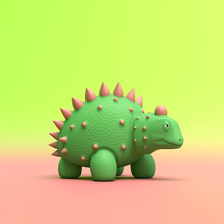 green dinosaur with spikes in a dark pink and light orange minimalist style. this 3d illustration showcases a unique blend of konica big mini, stipple, and duckcore techniques. the dinosaur is intricately designed with detailed miniatures, reminiscent of traditional mexican style. ai generatedの素材