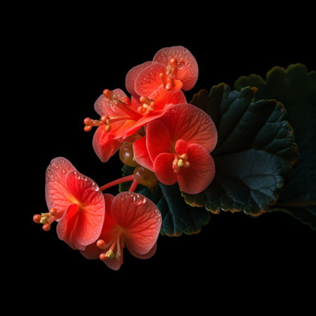 a close-up of a pink flower on a black background, showcasing photorealistic composition. the vibrant colors of red and orange, enhanced by vray tracing, create a visually stunning image. this japanese traditional-inspired photograph captures the essence of nature with its light green and red hues. a captivating shot that could easily grace the pages of national geographic. ai generatedの素材