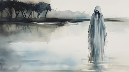 a gloomy skeleton, resembling a ghost, is depicted in this delicate watercolor painting. the contemporary indian art style showcases calm waters in shades of gray and blue, creating isolated landscapes. the figurative painting captures post-apocalyptic landscapes, evoking a sense of mystery and intrigue. ai generatedの素材