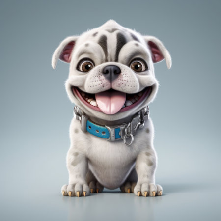 a cartoon english bulldog dog sits on a dark background, rendered in the style of cinema4d, natalia rak, and daz3d. the caricature faces of the bulldog are white and gray, showcasing a happy expressionism. this ultra hd image captures the adorable charm of the english bulldog breed. ai generatedの素材