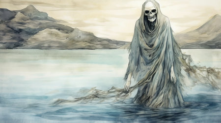 a haunting watercolor illustration by abigail larson featuring a skeleton submerged in water. this piece showcases larson's signature style of realistic landscapes with soft, tonal colors. the nightmare-inducing image is reminiscent of the twisted characters found in the works of boris groh, adding a touch of wiccan mysticism to the overall composition. ai generatedの素材