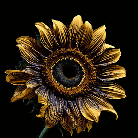 a stunning golden sunflower captured in a dark bronze and dark black style, showcasing the beauty of nature through digital art techniques. this ultraviolet photography, taken with the zeiss otus 85mm f1.4 apo planar t lens, exhibits photorealistic accuracy and high resolution. the chiaroscuro portraitures add depth and contrast to this captivating image of sunflowers. ai generatedの素材