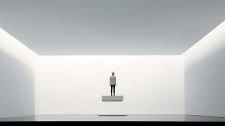 samuel klowans' sculpture is a suspended totem-like pole in an empty white space. inspired by artists such as gottfried helnwein, gray, igor morski, and giorgio de chirico, this piece showcases a digital minimalism style with high detailed and toy-like proportions. ai generatedの素材