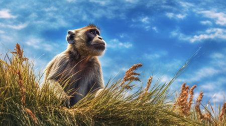 a monkey perched in a field against a vibrant blue and windy backdrop. this realistic, hyper-detailed rendering captures the essence of nature in a national geographic style. the image, taken by adrianus eversen, showcases a spatial concept art with its high quality and ultra-high definition. a truly remarkable and realistic portrayal of the monkey in its natural habitat. ai generatedの素材