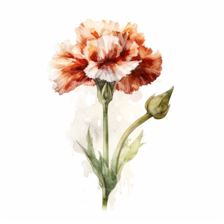 a watercolor hand sketch of a carnation, featuring charming character illustrations in dark white and dark orange. the realistic color schemes of light red and bronze bring out the beauty of the flower. inspired by dansaekhwa and nature, this minimalistic composition showcases the captivating imagery of nature. ai generatedの素材