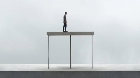 a man stands on a tripod on a flat platform, showcasing a conceptual minimalist sculpture. the sculpture draws inspiration from reduced-scale architecture, photorealistic renderings, die brucke, neo-concrete, opulent minimalism, and silence. ai generatedの素材