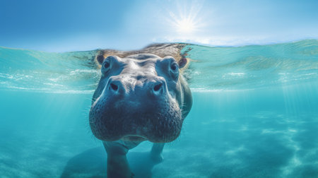 the hippo's head is submerged underwater, captured in a realistic style with vibrant blue skies. this national geographic photo showcases the sunrays illuminating the scene, highlighting the strong facial expression of the hippo. the hyper-realistic representation and pop-inspired imagery make this photograph truly captivating. ai generatedの素材