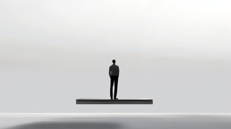 a black man is seen standing and hanging on an object in this thought-provoking photo. the image showcases conceptual simplicity and is captured in 8k resolution, emphasizing the pensive stillness of the subject. the monumental scale and chrome-plated aesthetics add depth to this photo, which serves as a critique of consumer culture. ai generatedの素材