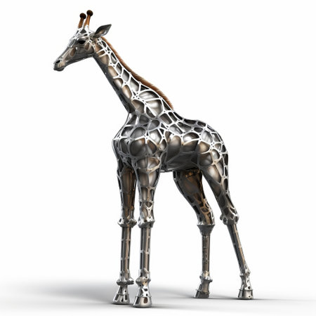 a silver metal animal, in the style of organic architecture, stands on a white background. the 8k resolution image showcases densely patterned imagery with a focus on joints and connections. the color palette includes light orange and dark bronze tones. this creative commons attribution photo captures sharp and clever humor. ai generatedの素材