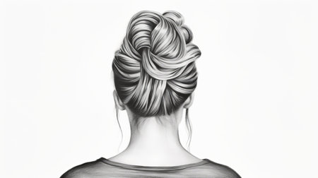 the back of a woman's hair is captured in a realistic graphite drawing, showcasing a messy bun. this digital artwork features intricate detailing and high-contrast shading, adding a touch of timeless elegance. the symmetrical composition adds to the overall aesthetic appeal. ai generatedの素材