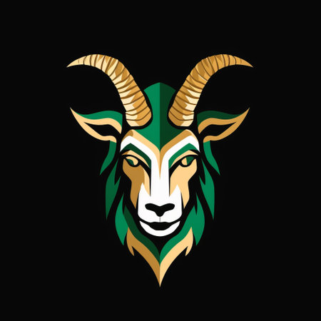 a goat head logo featuring gold and green horns, created by tattoo artist rashad alakbarov. the design showcases naturalistic proportions, with luminous shadowing and intricate facial features. the color palette includes shades of emerald and black, resulting in a visually striking logo with a limited color range. ai generatedの素材