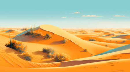 desert scene featuring blue clouds and white dunes, depicted in a highly detailed illustration style. the light orange hues add a touch of realism to the stylized depiction, while the flowing brushwork enhances the overall artistic effect. this illustration showcases the beauty of the desert landscape with a touch of artistic flair. ai generatedの素材