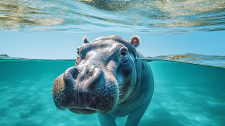 a large hippopotamus underwater, captured in the style of brandon woelfel, showcasing close-up shots and post-processing techniques. this 8k resolution image by franoise basset highlights the hippo's strong facial expression amidst the backdrop of exotic flora and fauna. ai generatedの素材