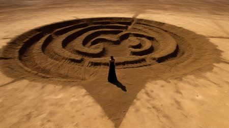 the photo captures the mesmerizing art of the labyrinth in san diego, showcasing the unique style of desertwave. created by an interdisciplinary artist, it exudes a brooding mood while incorporating elements of hurufiyya and environmental activism. this high-definition image beautifully showcases the intricate spiral group within the labyrinth. ai generatedの素材