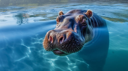 a black and white photo captures the head of a hippo submerged in water, resembling the style of unreal engine 5. this realistic oil portrait by matthias haker showcases the mesmerizing shades of blue and aquamarine. taken in a junglepunk setting, this national geographic photo is available in stunning 4k resolution. ai generatedの素材