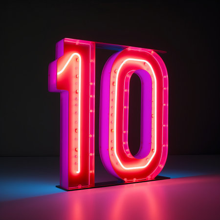 neon number ten in 3d, lensbaby composer pro ii with edge 50 optic, vray tracing, on black background isolated on white. psychedelic surrealism with vibrant colors of light magenta and crimson. ai generatedの素材