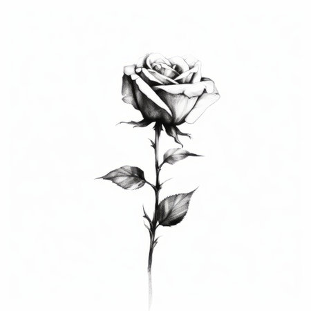 a black and white rose, depicted in a realistic style, rests on a white paper. this romantic illustration combines minimalist elements with subtle realism, creating a captivating image. the flowerpunk aesthetic is enhanced by the light black and silver tones, while the rose's powerful symbolism adds depth to the composition. ai generatedの素材