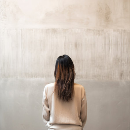 a woman holds a paintbrush in front of a wall, showcasing the japanese minimalism style. the color palette consists of light orange and light gray, creating a sense of tranquility. the conceptual installations evoke a feeling of quiet contemplation. the polished concrete backdrop adds to the aesthetic, while the linear movement hints at traditional chinese influences. ai generatedの素材