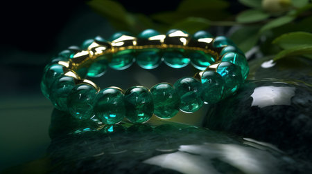 green glass ring with a gold band, rendered in cinema4d, showcases intricate water drops. this still life image, created using unreal engine 5, captivates with its uhd quality. crafted from beads and yarn, the ring exudes an air of mystery, reminiscent of a hidden jungle. ai generatedの素材