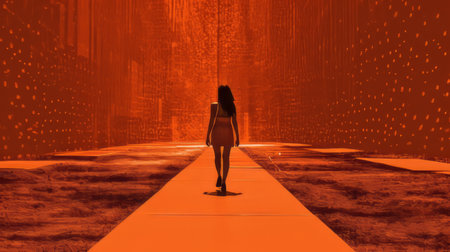 a woman walks down a dark colored walkway in a futuristic glam style. the installation creator has used light orange and bronze color-field techniques to create vibrant and exaggerated scenes. this celebrity photography captures the woman in a light red ambiance, adding to the dramatic effect of the composition. ai generatedの素材