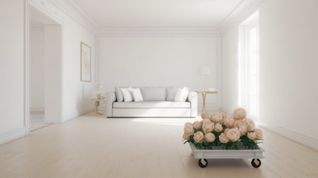 a white room with a white couch is adorned with a vase of flowers on the railing. the lifelike renderings in light orange and light gray, inspired by rachel whiteread, create a serene atmosphere. this uhd image showcases the influence of zen buddhism with its light pink and light gray tones, offering a traditional and calming ambiance. ai generatedの素材