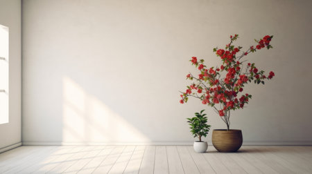 a stunning 3d rendering stock photo featuring a beautiful tree in an empty room with a white floor and windows. this photo is inspired by japanese traditional style, showcasing light beige and red colors. it presents a minimalist still life with flower and nature motifs. with its 8k resolution, this high-quality photo captures the essence of ceramic artistry. ai generatedの素材